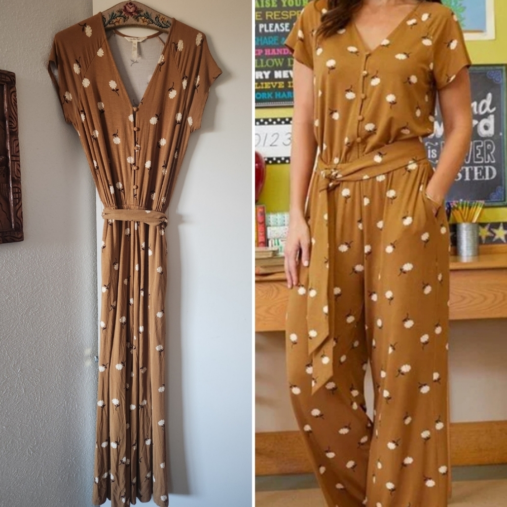 Matilda Jane Jumpsuit Wide Leg Tan Floral Daisy